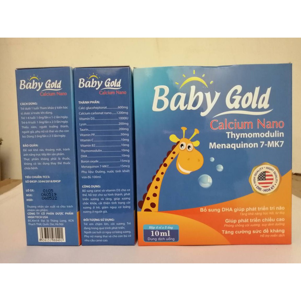 Baby Gold Calcium bổ sung canxi, chống còi xương suy dinh dưỡng, hộp 20 ống