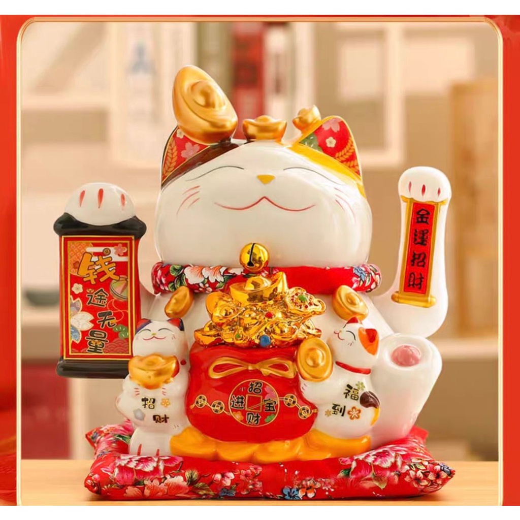 Mèo Thần Tài Sứ , Mèo May Mắn Maneki Neko 26cm. Vẩy Tay Gọi Khách BÁT PHƯƠNG KHAI TÀI