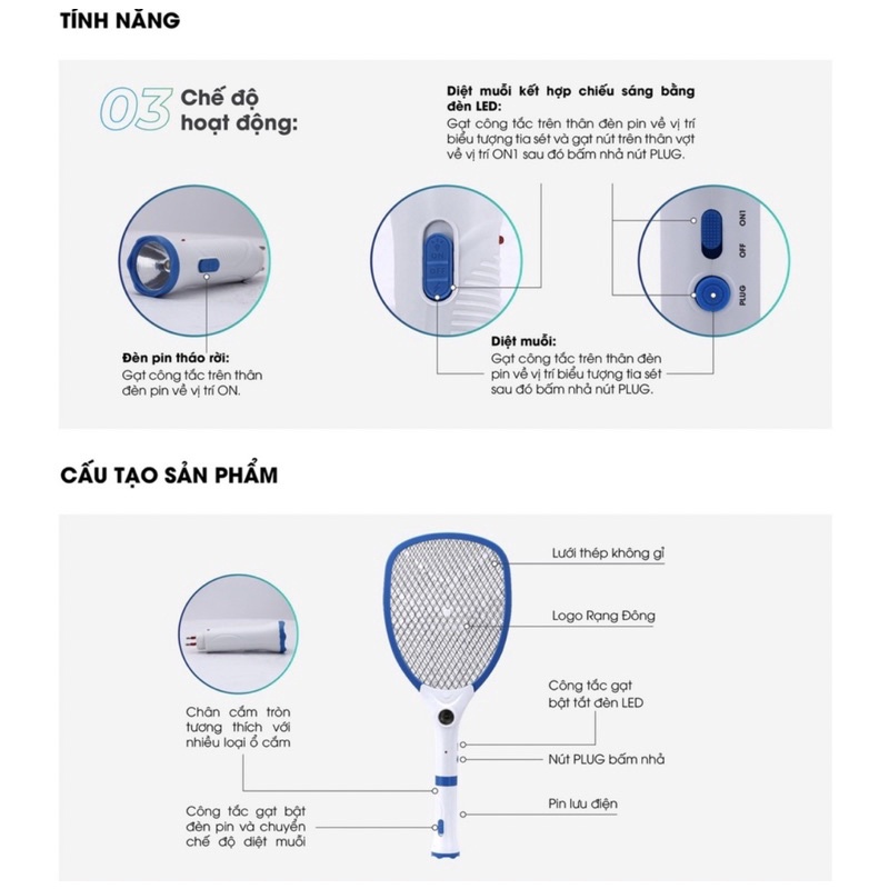 Vợt muỗi Rạng Đông, vợt muỗi tháo rời kết hợp đèn pin hàng việt nam chất lượng cao