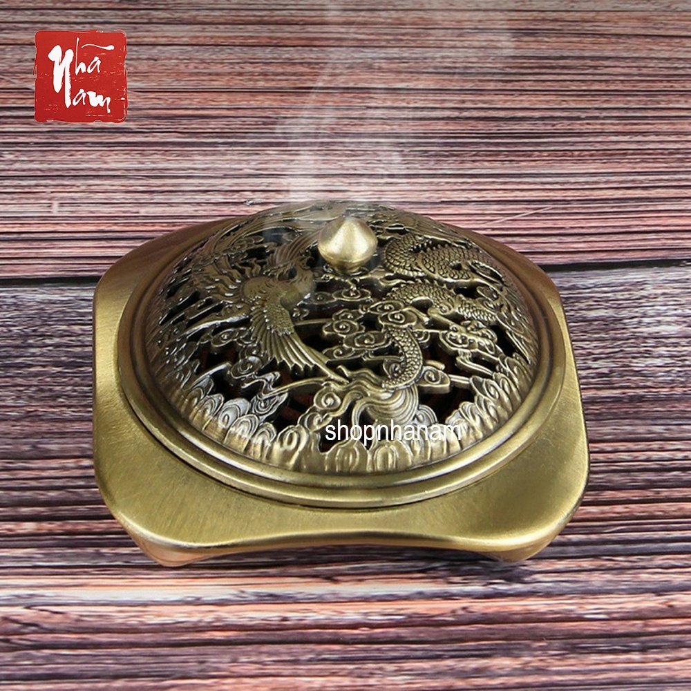 Lư xông trầm hương bằng dồng cao cấp đỉnh đốt nhang họa tiết rồng phượng tặng 1 nụ trầm
