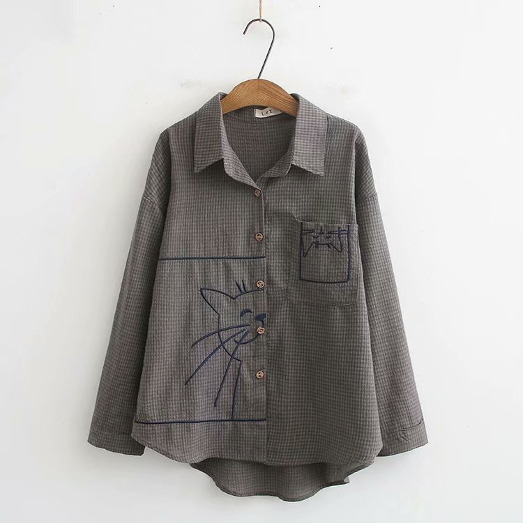 Áo sơ mi kẻ thêu mèo oversize