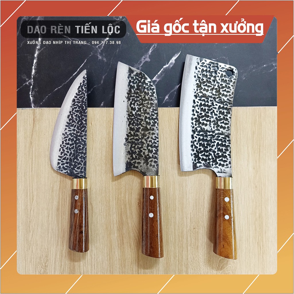 Bộ 3 Dao Nhà Bếp (Chặt - Thái - Bầu) Rèn Từ Thép Nhíp Ô Tô Dập Vân 2 Mặt Cao Cấp - Cán Gỗ Cẩm Chỉ