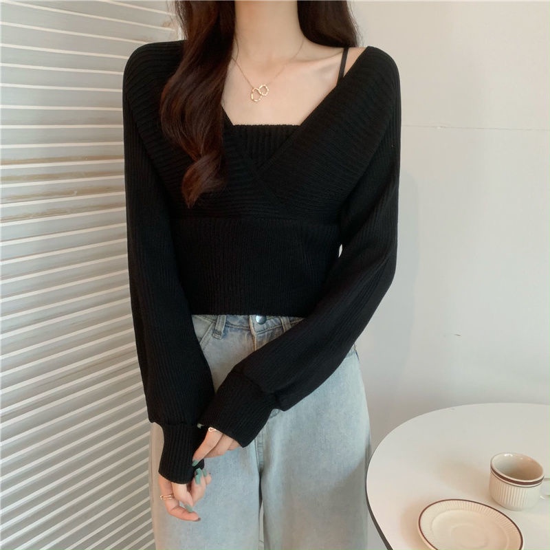 Áo Thun Tay Dài Giả Hai Mảnh Dáng Ngắn Lưng Cao Màu Đen Thời Trang Mùa Thu Hàng Mới 2021 Dành Cho Bạn Nữ