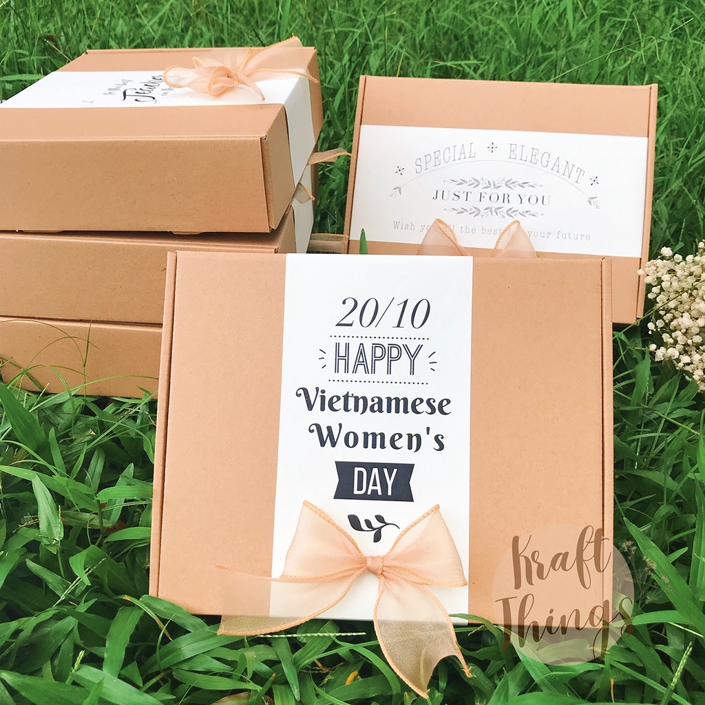 Hộp đựng quà kraft Happy Women's Day - Hộp quà tặng bạn gái, cô giáo, 8/3, 20/10 kèm rơm lót