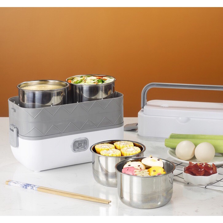 Hộp Ủ Cơm Cắm Điện LUNCHBOX Cao Cấp Hộp Cơm Văn Phòng 2 Tầng 4 Bát Inox Có Chức Năng Giữ Nhiệt, Hâm Nóng và Tự Nấu Chín