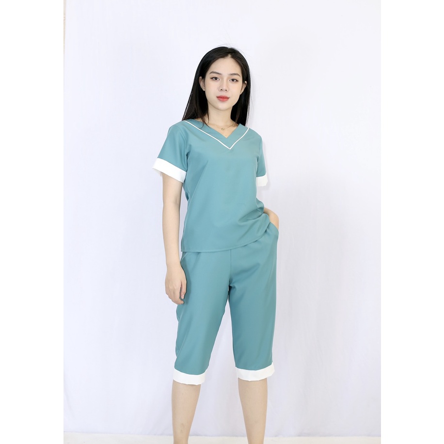 Set đồ bộ pijama nữ L1 XANH ĐÁ cổ tim tay ngắn quần lửng đơn giản sang chảnh