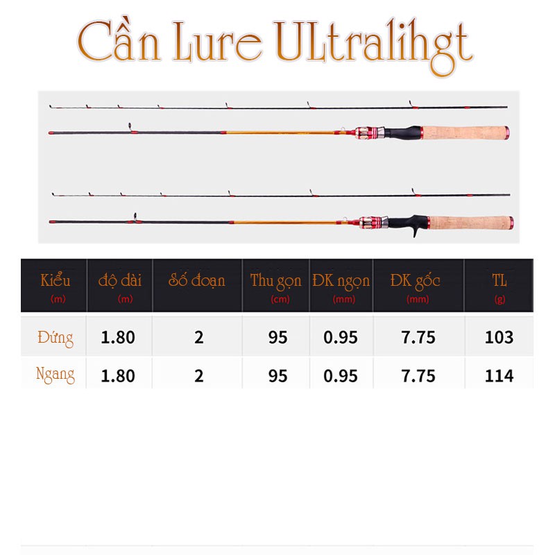 Cần câu lure ULtralight siêu dẻo máy đứng và máy ngang 1m8 UL  rât có cảm giác -vàng