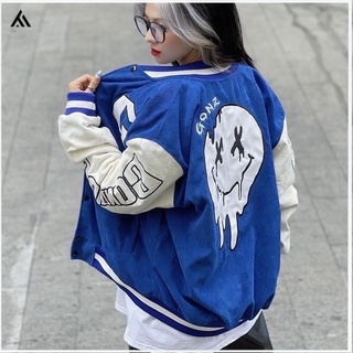 Áo khoác bomber nam nữ Varsity jacket Nhung Tăm 2 lớp FF Blue GG Form rộng unisex, áo bóng chày, gonz xanh