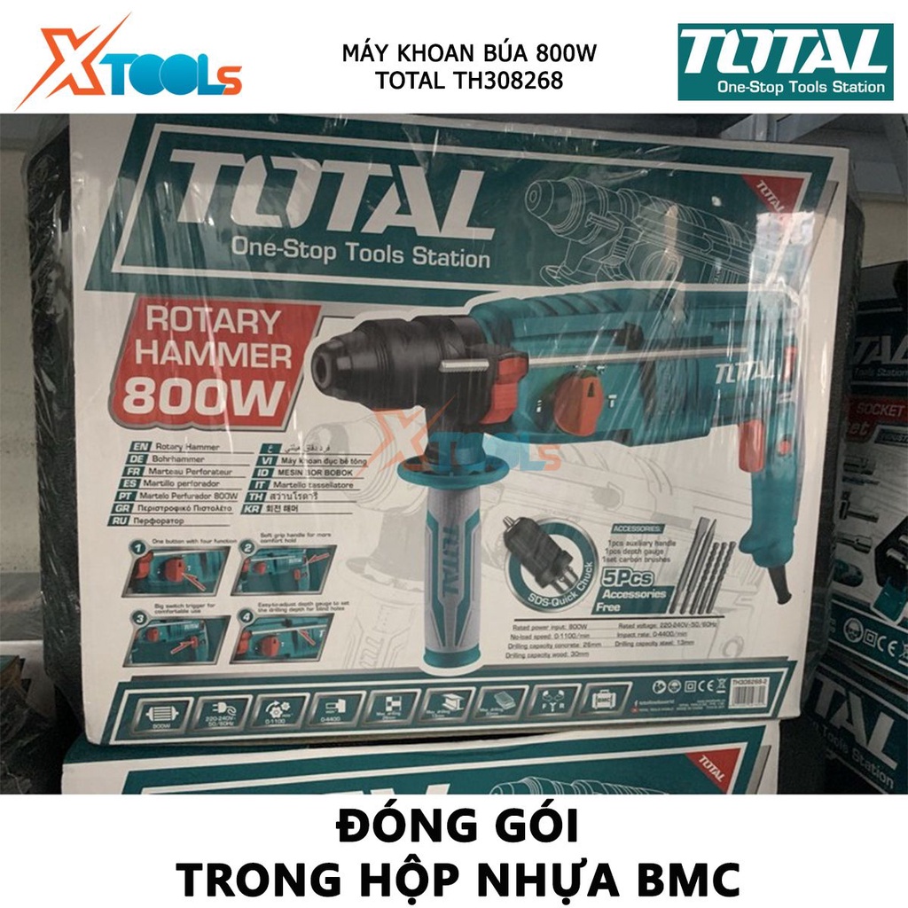 Máy khoan búa cầm tay 3 chức năng 800w TOTAL TH308268 tốc độ 1100 rpm, tốc độ búa 4000bpm, lực đập 2.5j, khả năng khoan