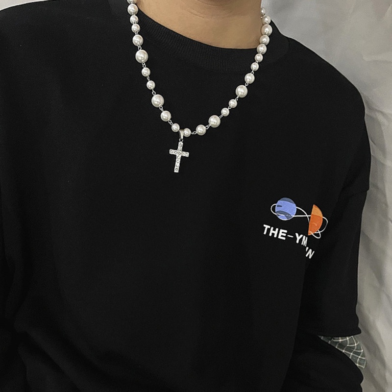 Vòng cổ Mặt Chữ Thập Đính Đá Ngọc Trai Phong Cách hip hop Cho Nam Nữ