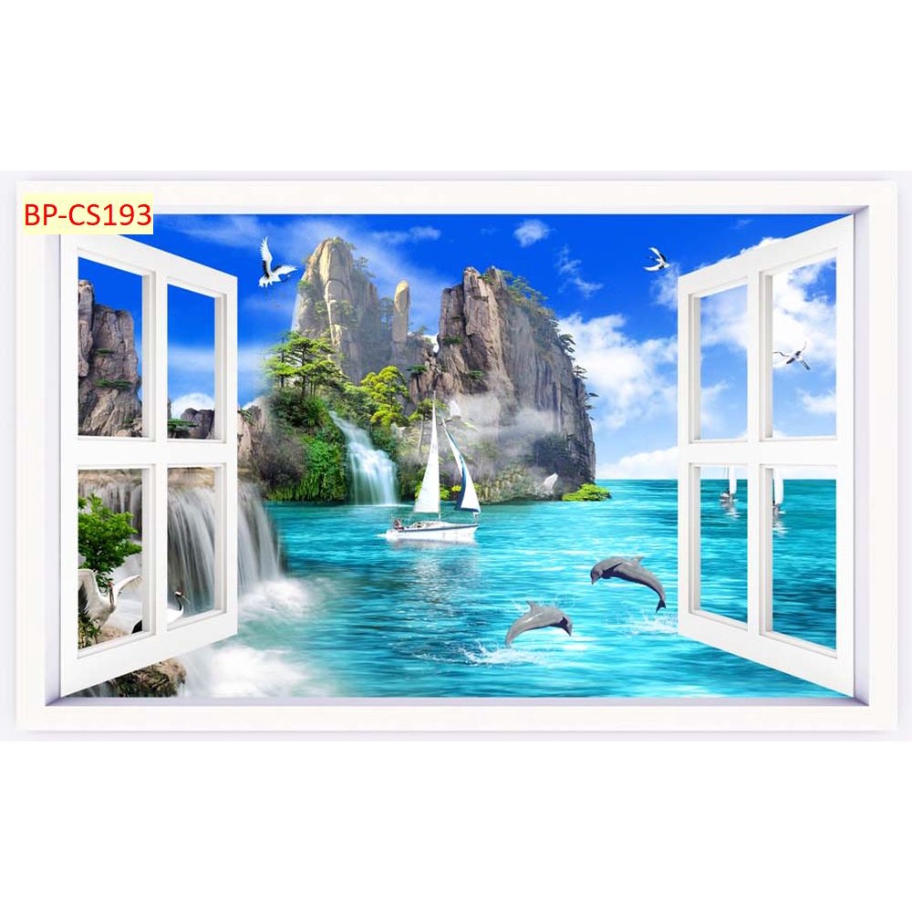 Tranh dán tường 3D khung cửa sổ sang trọng, lịch sự chủ đề biển nước, hồ xanh mát