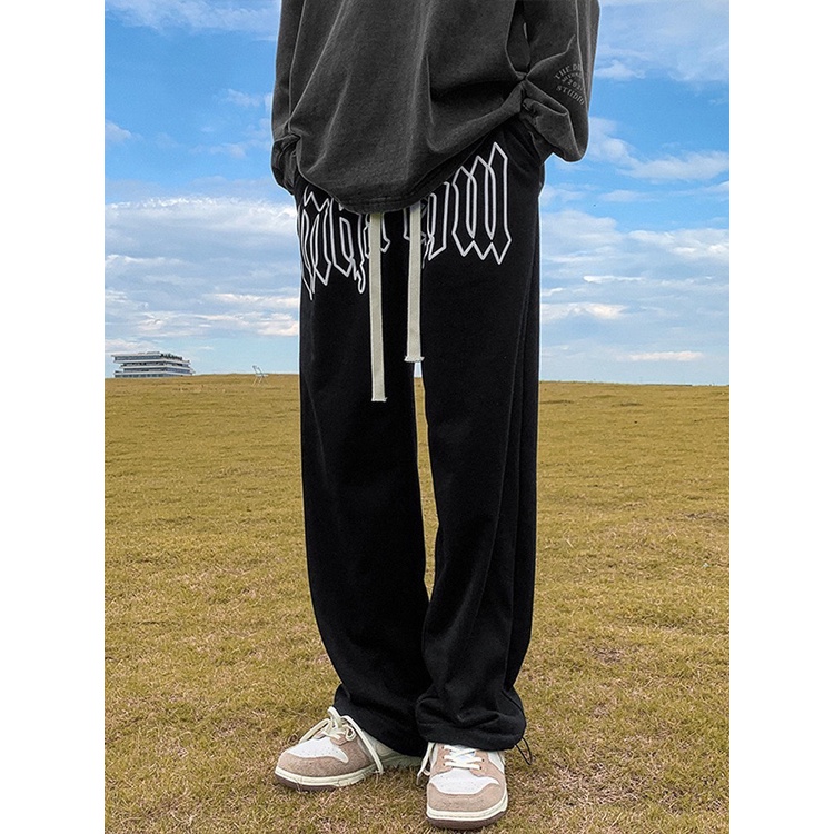 Quần nỉ dài chữ chảy Mnac Unisex [FREESHIP] Jogger suông ống rộng phối dây rút gấu kiểu dáng thể thao cá tính peonyb