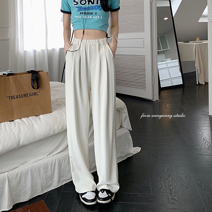 SUXI Quần ống rộng Lưng Cao Co Giãn Màu Sắc Đơn Giản Thời Trang Mùa Hè Cho Nữ