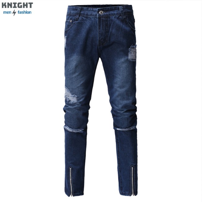 Men Jeans Denim Pencil Pants Zipper Shredded Trousers Blue Casual Dark Straight Fashion