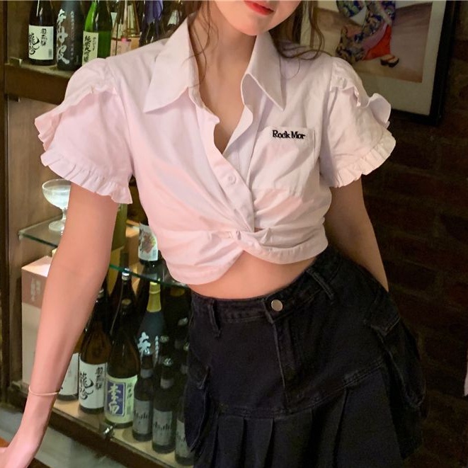 Áo croptop BH tay ngắn có túi hoạ tiết thêu thời trang mùa hè cho phái nữ