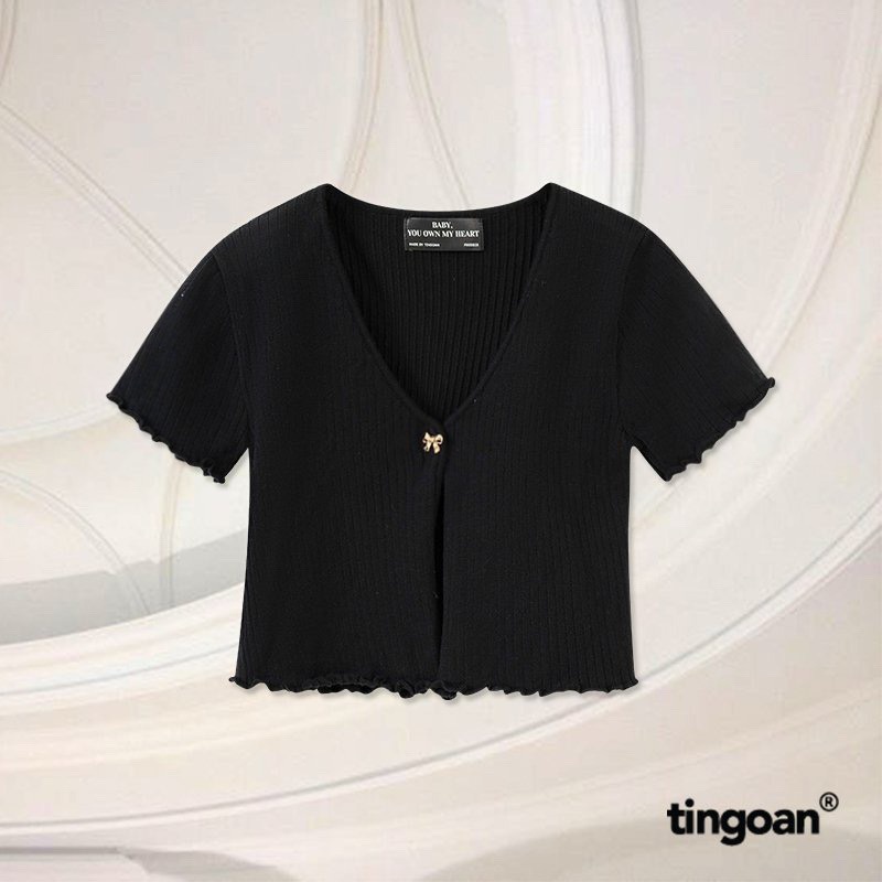 TINGOAN® - Áo set len xù mỏng ngắn tay dáng lửng tặng kèm quây 2 dây đen tingoan SORA TOP/BL