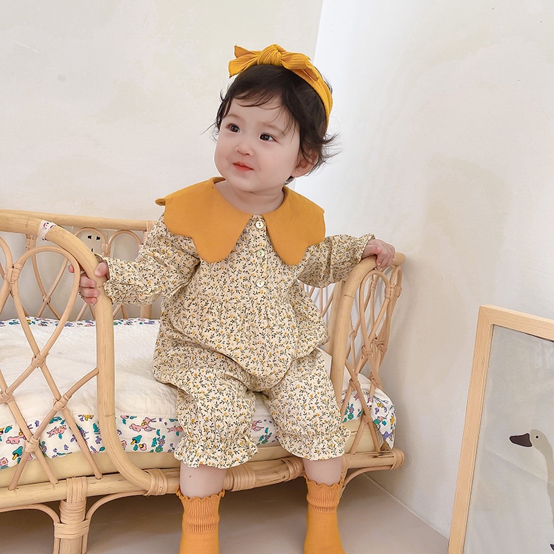Áo Liền Quần Cổ Búp Bê In Hoa Cho Bé Gái Sơ Sinh Từ 0-24 Tháng Tuổi