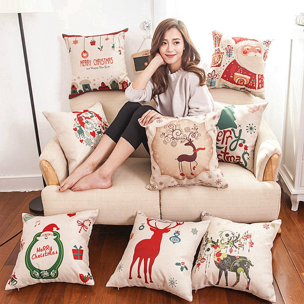 45cmx45cm Merry Christmas Decorative Pillowcases Santa Xmas Linen Cushion Cover Throw Pillow Case