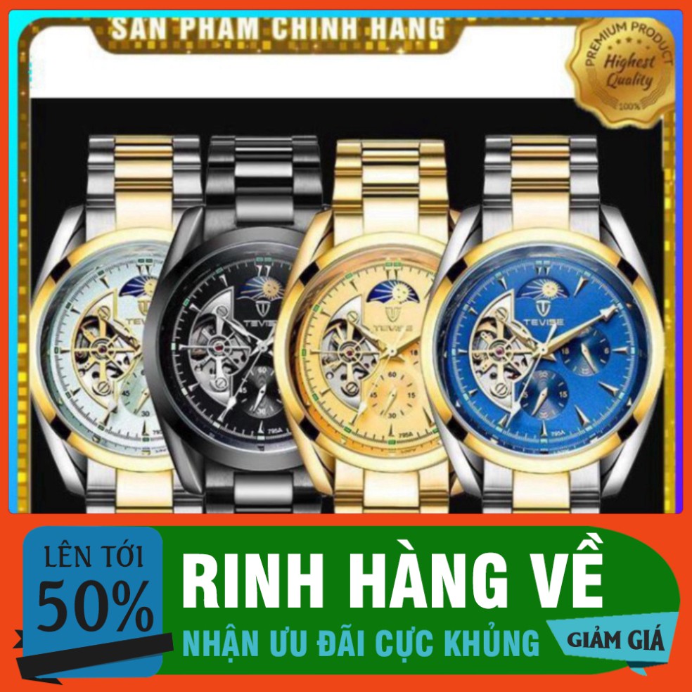 SIÊU SALE [ Freeship ] Đồng hồ nam tevise chính hãng automatic 795A dây thép nguyên khối (tặng kèm hộp , phụ kiện thâu d