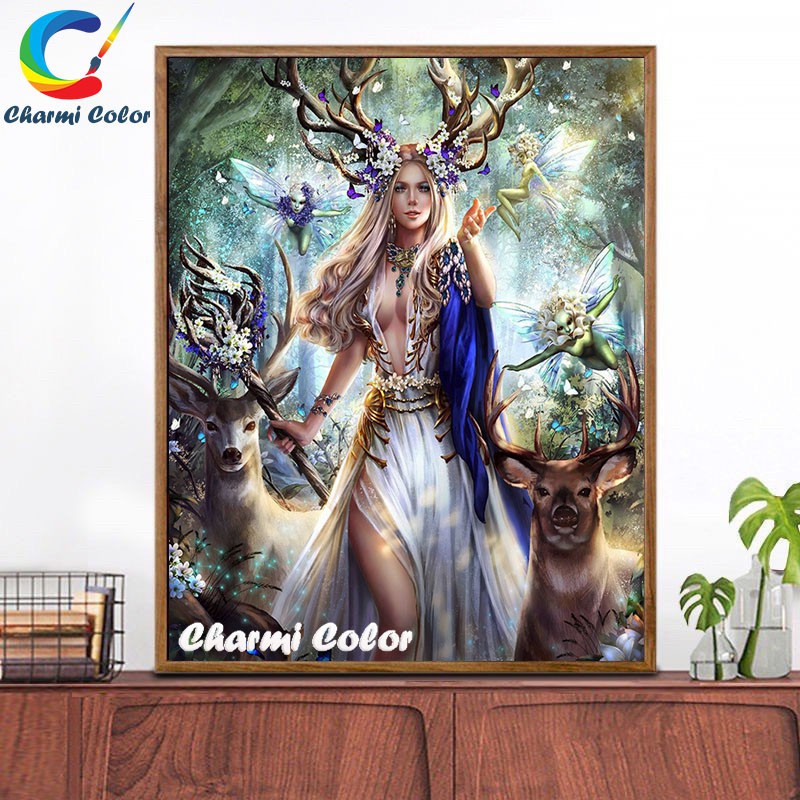 Tranh sơn dầu số hoá tự tô đã căng khung 40x 50 cm-Nữ thần hưu sao DZRSB8163