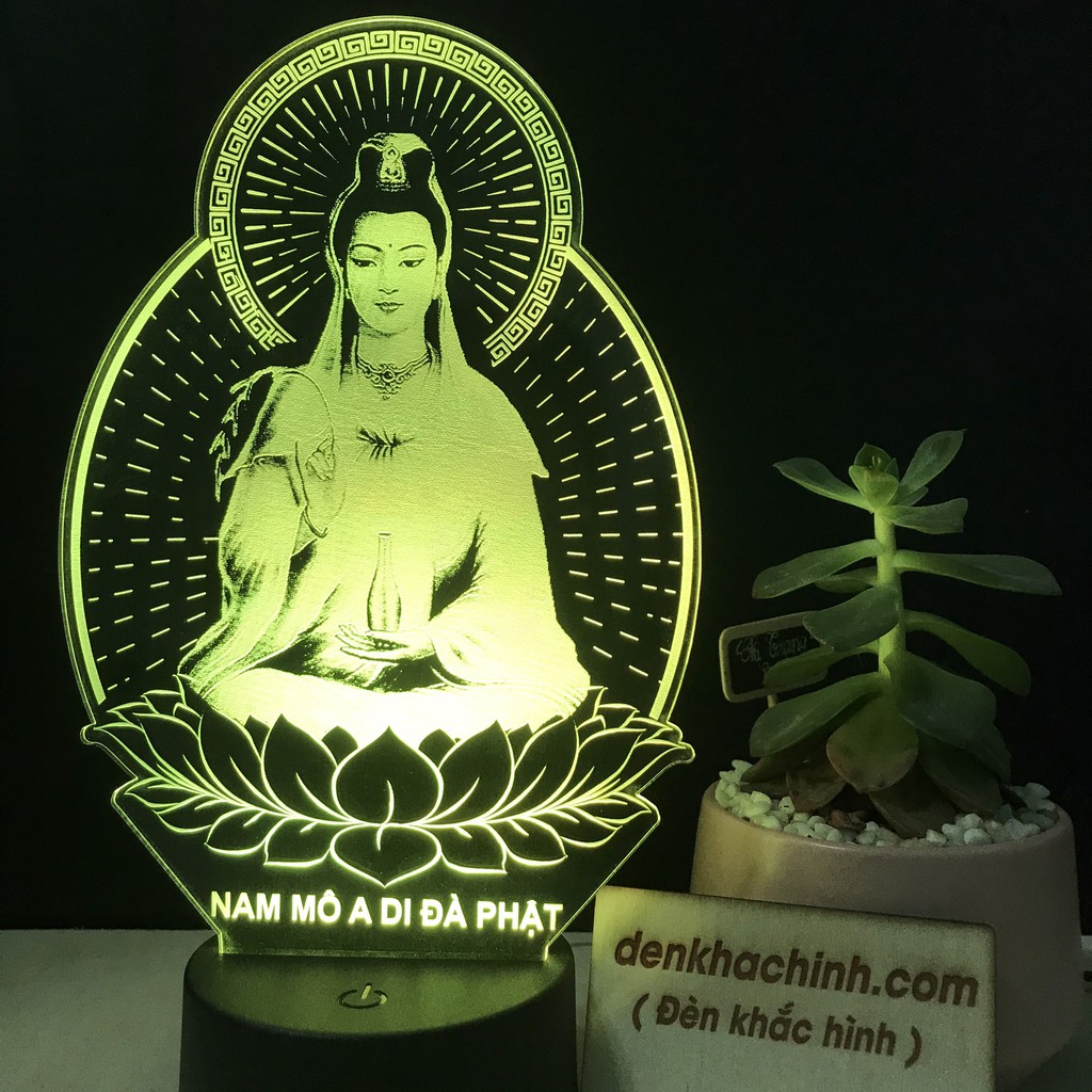 Đèn led khắc tượng Mẹ Quan Âm tọa đài sen, tranh thư pháp, quà tặng, thiết kế và khắc hình theo yêu cầu