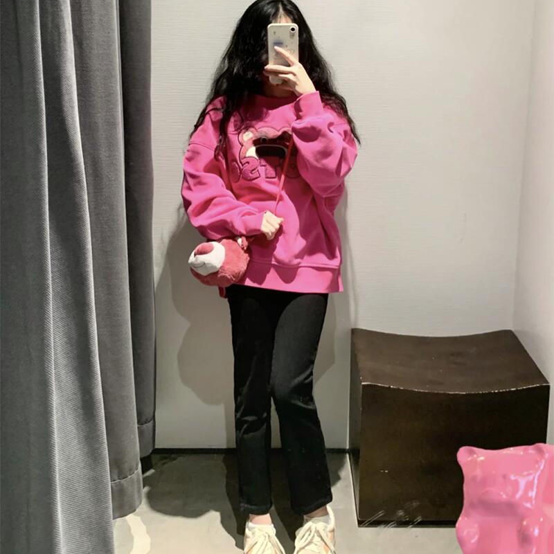 Jiashucheng Flow Áo Sweatshirt Mỏng Cổ Tròn Dáng Rộng Thêu Hình Gấu Phong Cách Mới Xuân Thu Cho Nữ