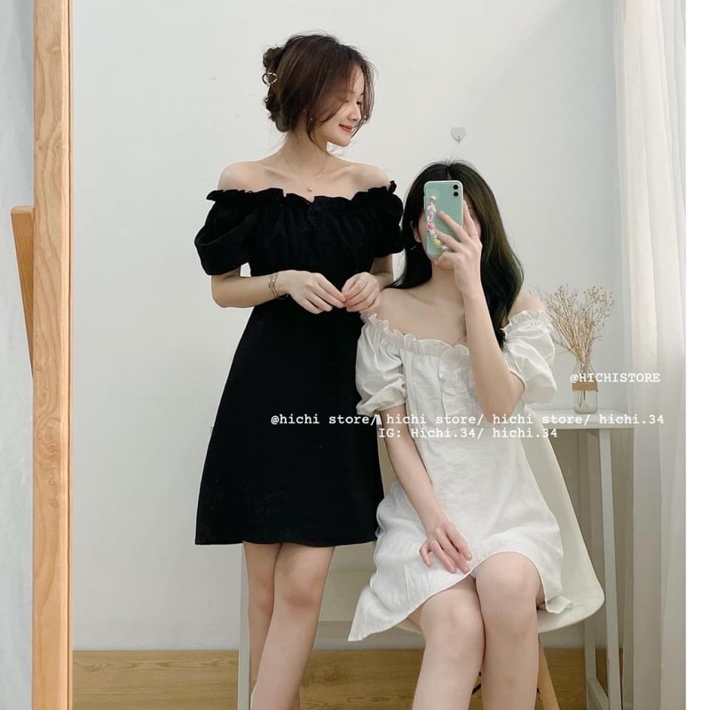 Váy trễ vai cổ bèo tay bồng chất đũi xước siêu mát