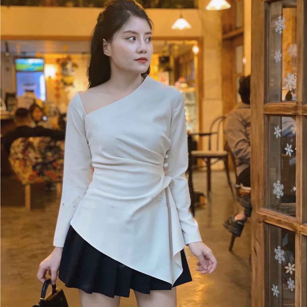 Áo sơ mi kiểu lệch vai tay dài ôm body đi chơi đi tiệc đi làm công sở kèm video ảnh thật Dorastyle