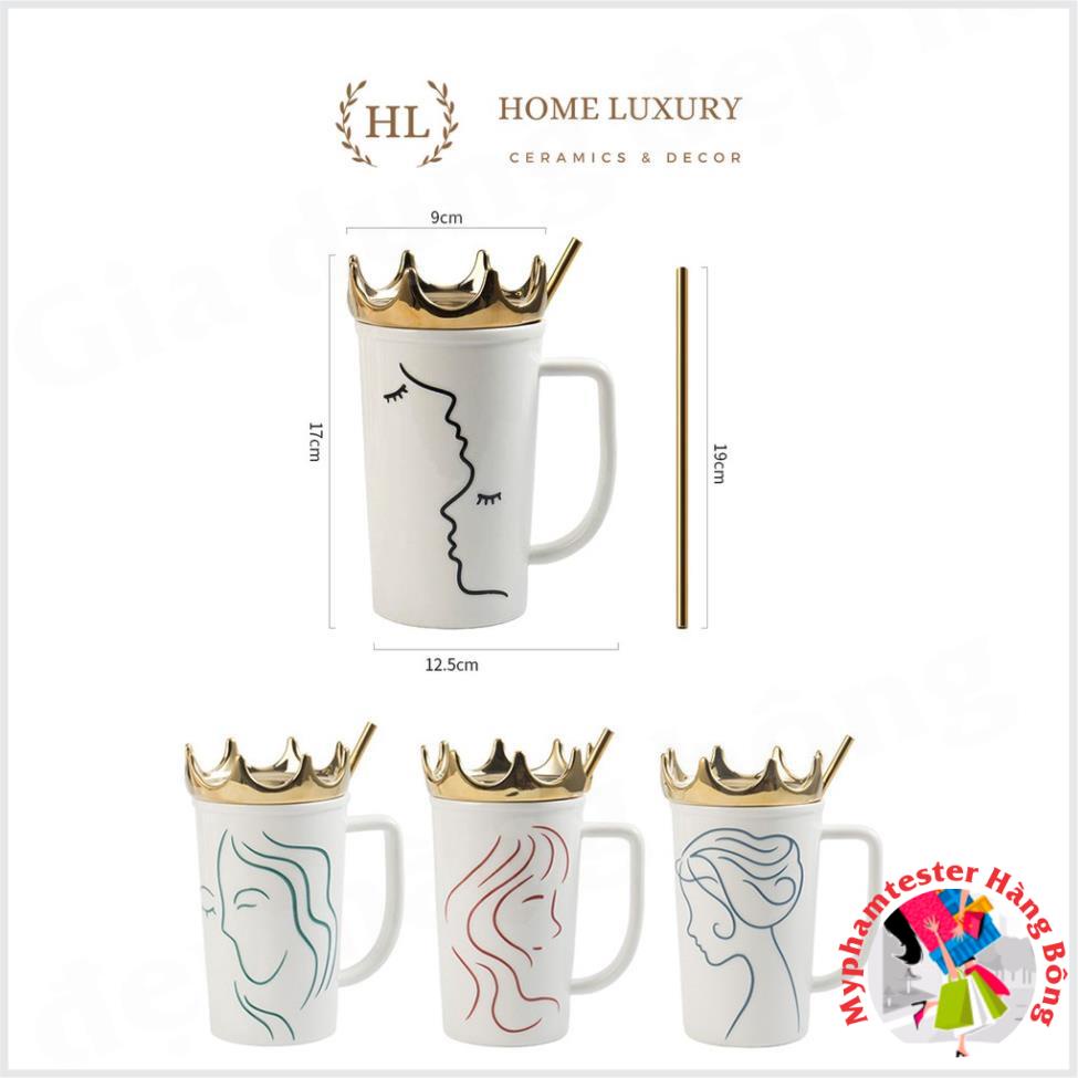 Ca sứ kèm ống hút inox vàng kim | Cốc sứ Hot Trend 2022 | Ca sứ có nắm đậy kèm ống hút Size To nắp Queen vương miệng