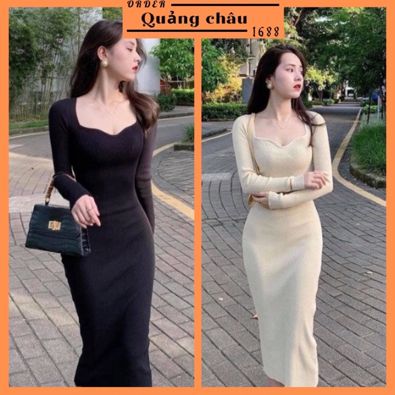 (CÓ SẴN) Váy Len Body Cổ vuông Mẫu Mới 2021 Nữ Hàng Quảng Châu loại đẹp