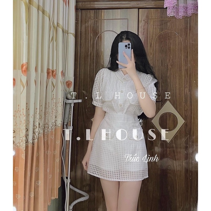 set áo sơ mi cúc ngọc phối chân váy chữ A