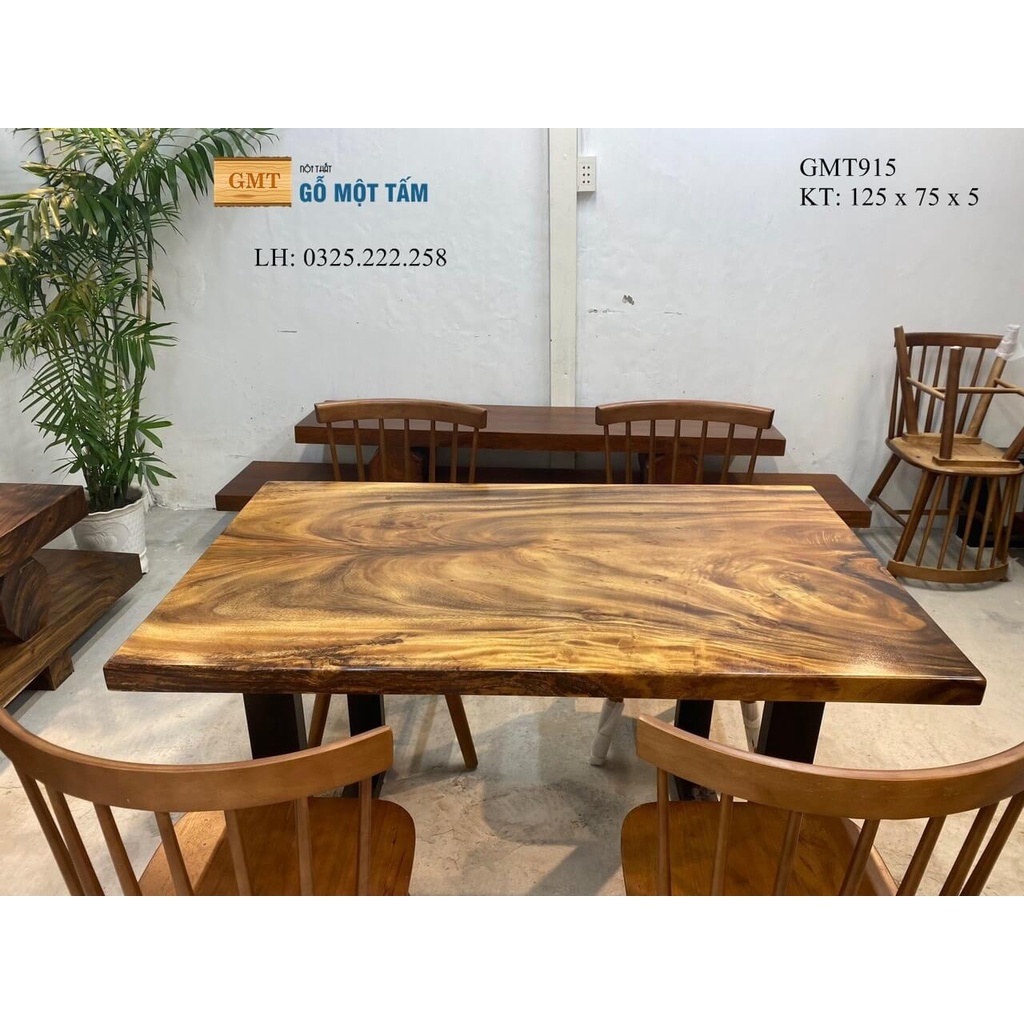 Bàn Ăn Gỗ Me Tây, Bàn Cafe Gỗ Me Tây, Bàn Làm Việc Gỗ Me Tây Dài 1,25m Rộng 75cm Dày 5cm