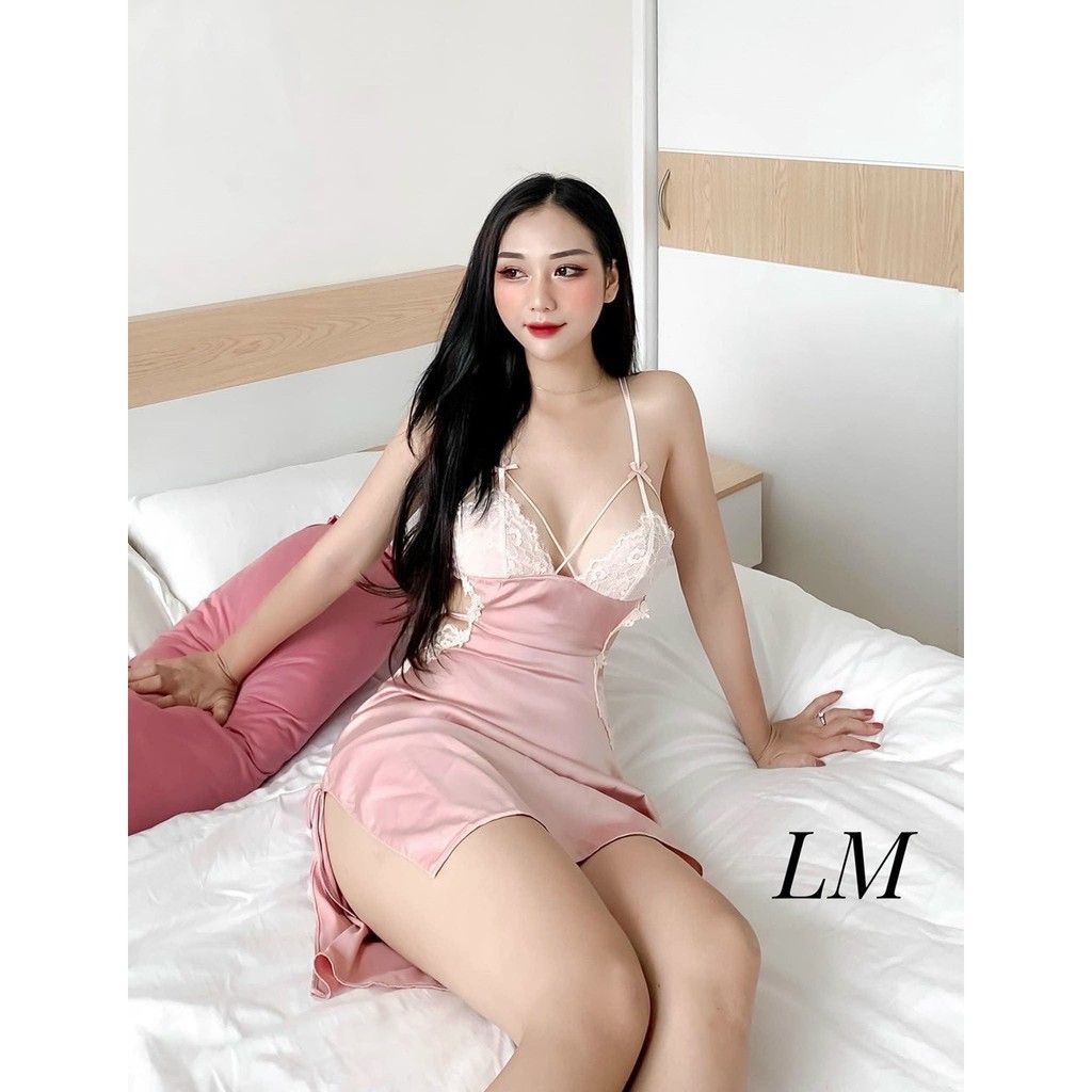 Set Váy Ngủ Voan Tea Store Xẻ Ngực Đáp Ren Quyến Rũ