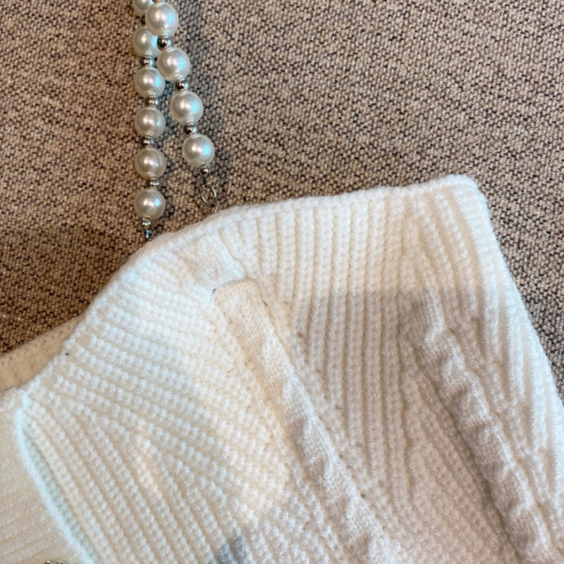 Áo Croptop Dệt Kim Không Tay Dáng Ôm Đính Đá Ngọc Trai Phối Dây Xích Thời Trang Sang Trọng Cho Nữ