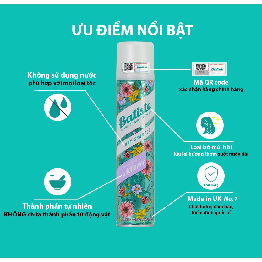 Dầu Gội Khô Giúp Làm Sạch, Ngăn Bết Dính Tóc Làm Bồng Bềnh Tức Thì Batiste Dry Shampoo 200ml