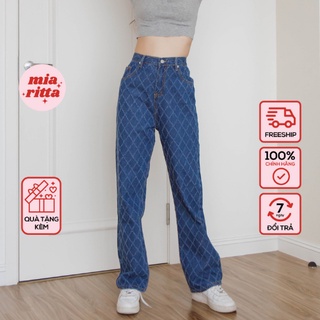 Quần Jeans kẻ ô rách cạp cao dáng suông Mia Ritta J459 ảnh thật