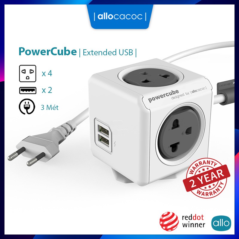 Ổ Cắm Điện Thông Minh Đa Năng Allocacoc PowerCube Extended USB, Chống Cháy, Cáp 3m, 4 Ổ Cắm 2 Sạc USB, Bảo Hành 2 Năm