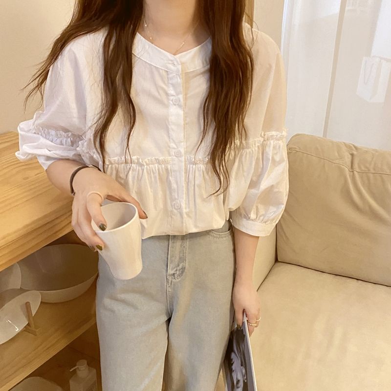 Áo Kiểu Tay Ngắn Màu Sắc Đơn Giản Phong Cách Pháp