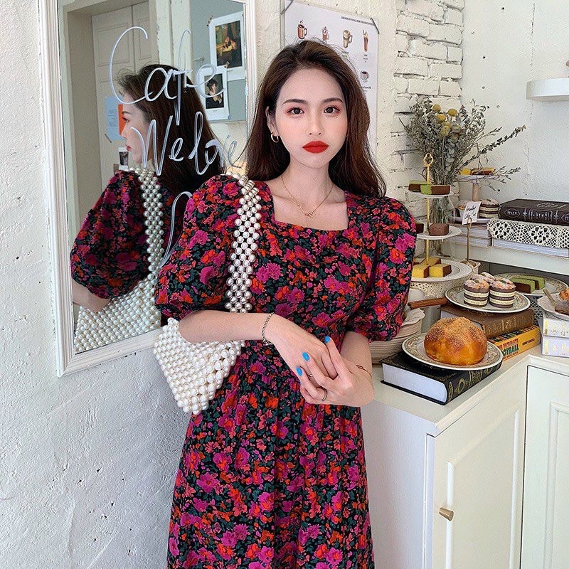 Đầm maxi tay ngắn cổ vuông xoè phồng lụa hoa TRIPBLE T DRESS -MS31MT