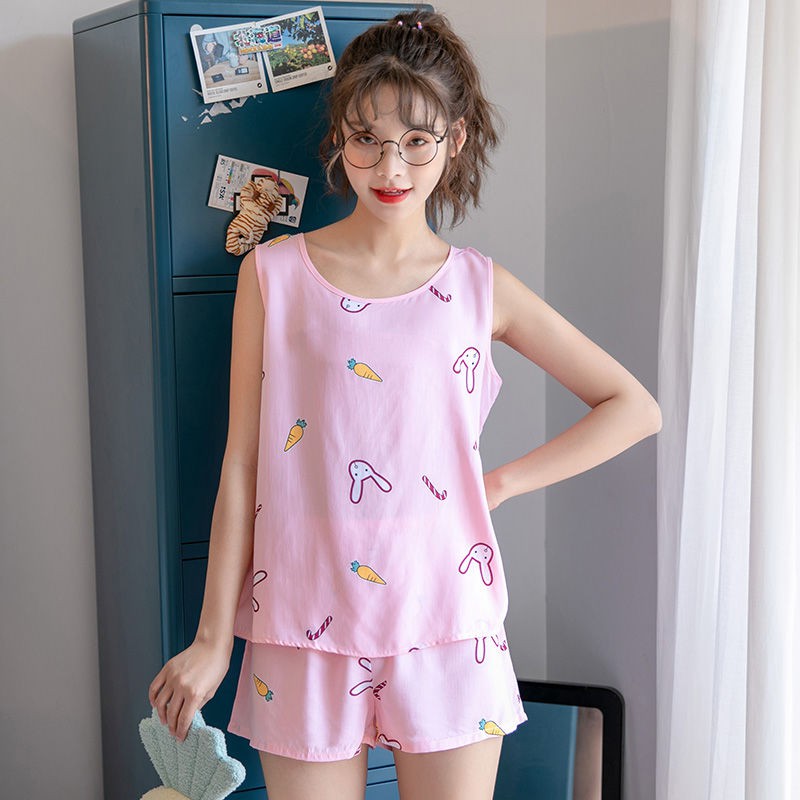 Bộ Đồ Ngủ Gồm Áo Không Tay Và Quần Ngắn Bằng Cotton Lụa Thời Trang Mùa Hè Dễ Thương Dành Cho Nữ | BigBuy360 - bigbuy360.vn