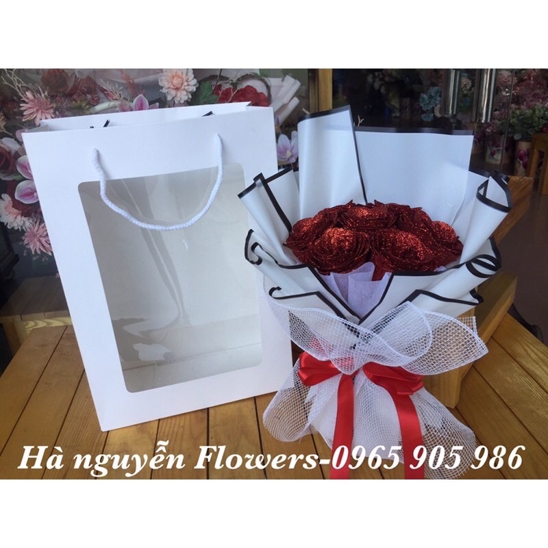 [quà sinh nhật-quà 14/2] Combo Bó hoa hồng nhũ 7 bông tặng kèm Túi + Thiệp như hình