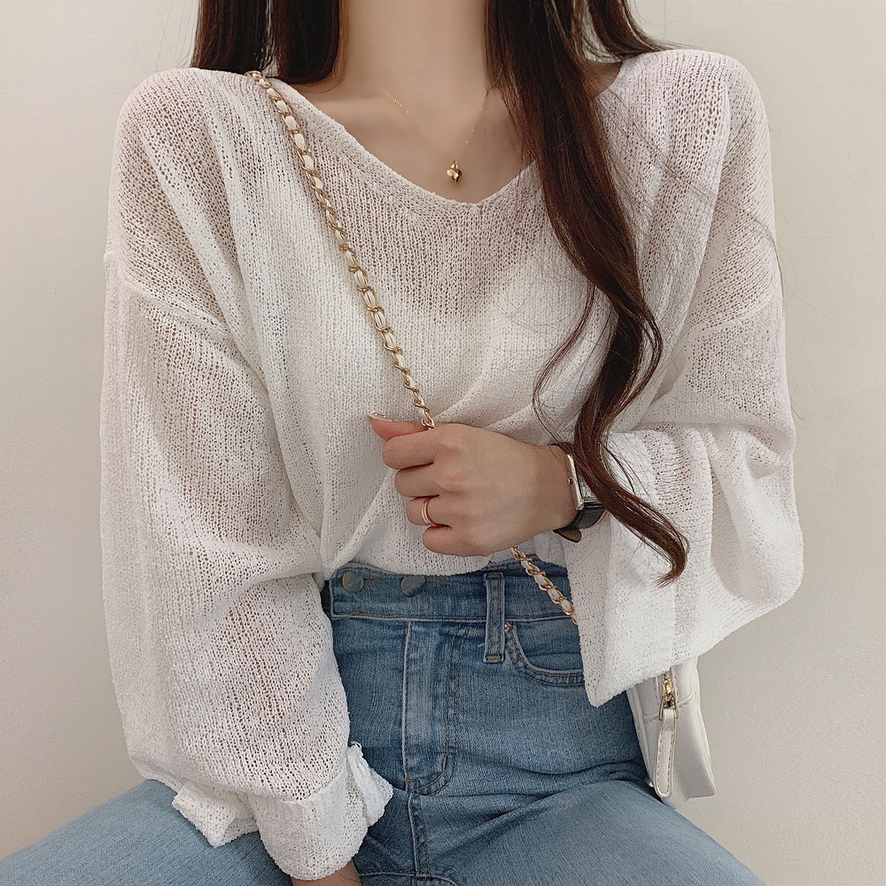 Áo Len tay dài cổ chữ V hở lưng màu sắc đơn giản, Áo dệt kim mỏng dáng dài rộng cho nữ OKM06- SAIGON TRENDING