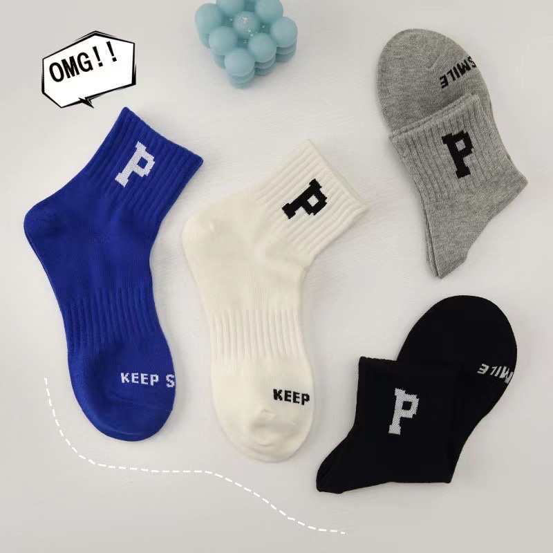 Set 4 đôi Tất Vớ Trắng Đen Nam Nữ Cổ Cao Trơn hình chữ P chất len Cottton