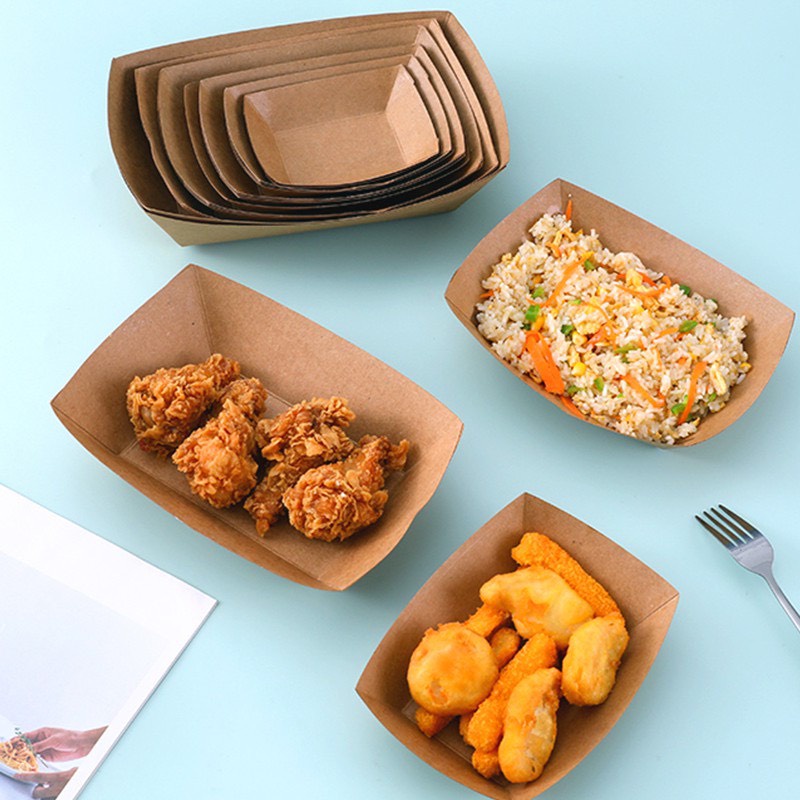Combo 100 Khay giấy kraft dáng thuyền đa dạng size (5Size), đựng cá viên, đồ ăn nhanh,...