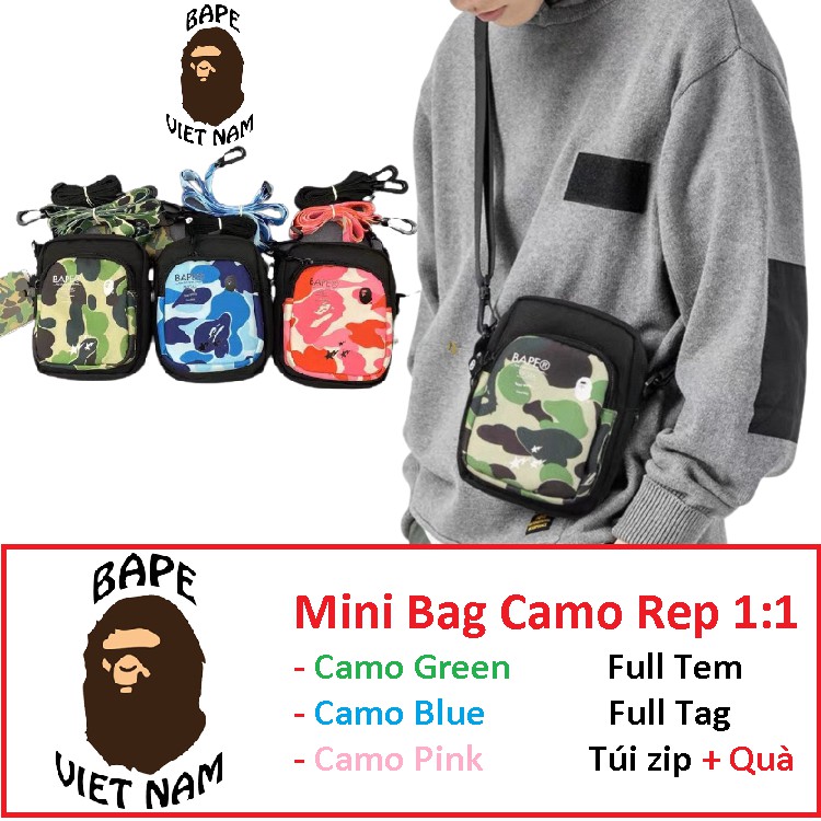 [Ảnh thật + Freeship] Túi đeo chéo Unisex Bape Camo, Mini Bag A Bathing Ape chống shock 3 màu Camo Green, Blue, Pink 1:1