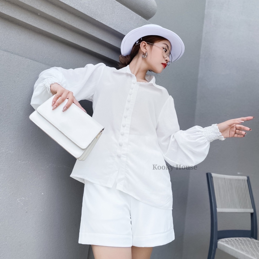 KOOKY HOUSE - SƠMI ALYSA TRẮNG - Áo sơ mi nữ dài tay thiết kế phối nút bọc cao cấp