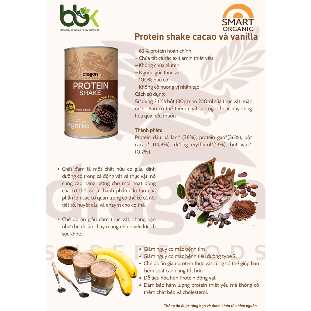 Bột uống thuần chay hữu cơ Protein Shake Dragon Superfoods