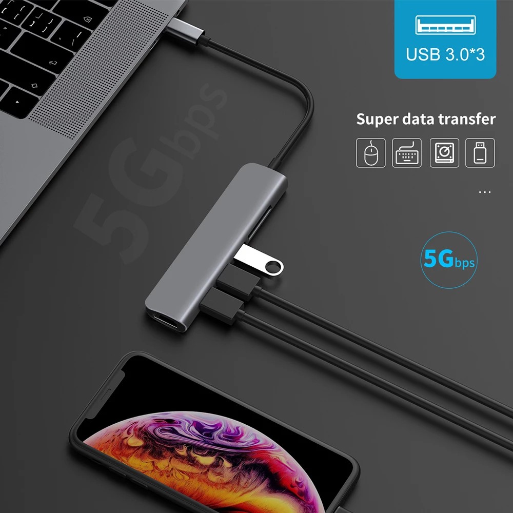 Hub Chuyển Đổi Usb 3.1 Type-C Hub Sang Hdmi 4k 6 Trong 1 Với 3 Cổng Usb C Cho Macbook Pro / Air / Huawei Mate