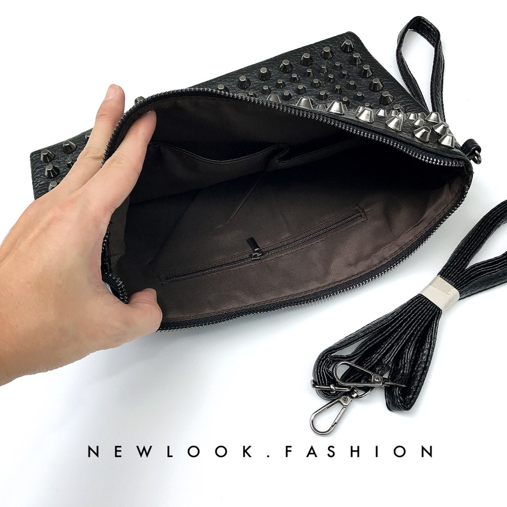 ★ TÚI DA CẦM TAY NAM NỮ CLUTCH DA PHỐI ĐINH TÁN SÁNG BÓNG ĐẸP CAO CẤP