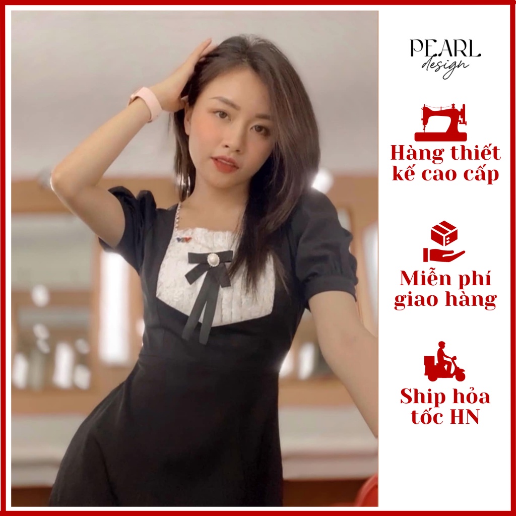 Váy đầm nữ công sở dáng chữ A chiết eo dài qua gối phối ren tag nơ cổ Pearl Design 072102